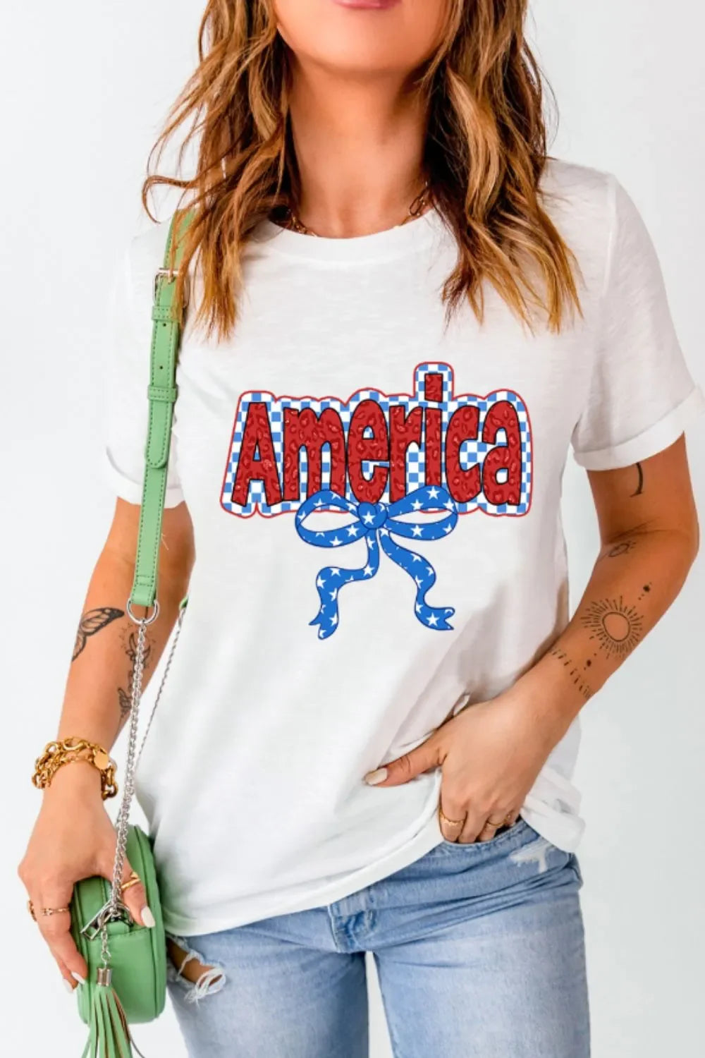 Letter Bow Round Neck T Shirt With Stretchy Fabric - Southern Shores Clothing