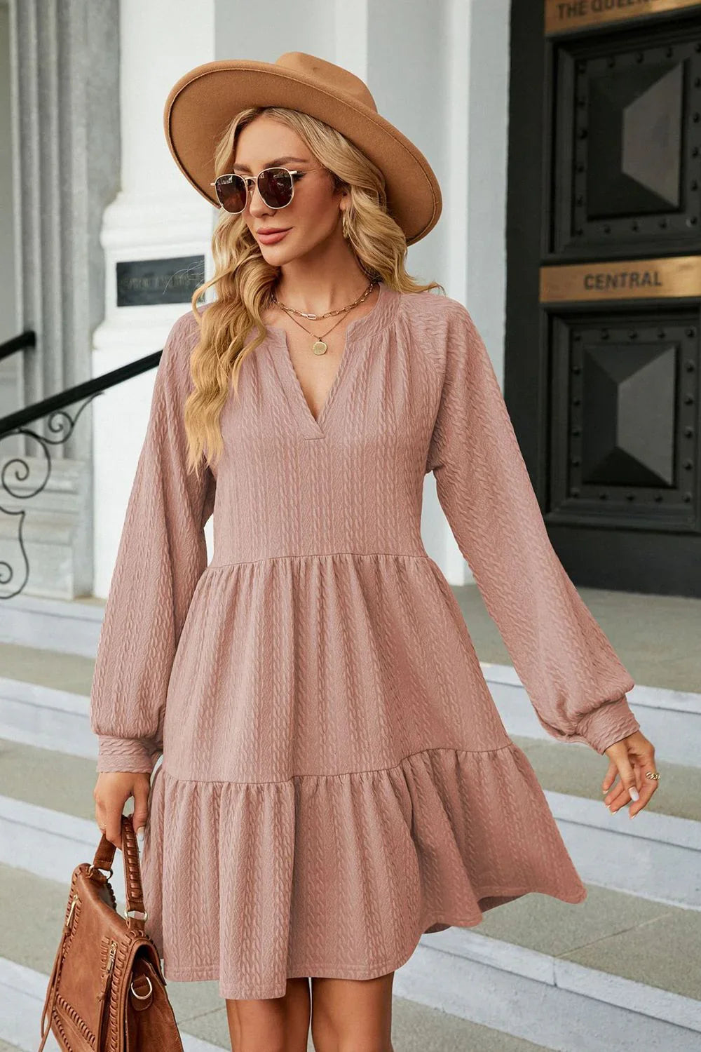 Notched Neck Long Sleeve Mini Dress - Southern Shores Clothing