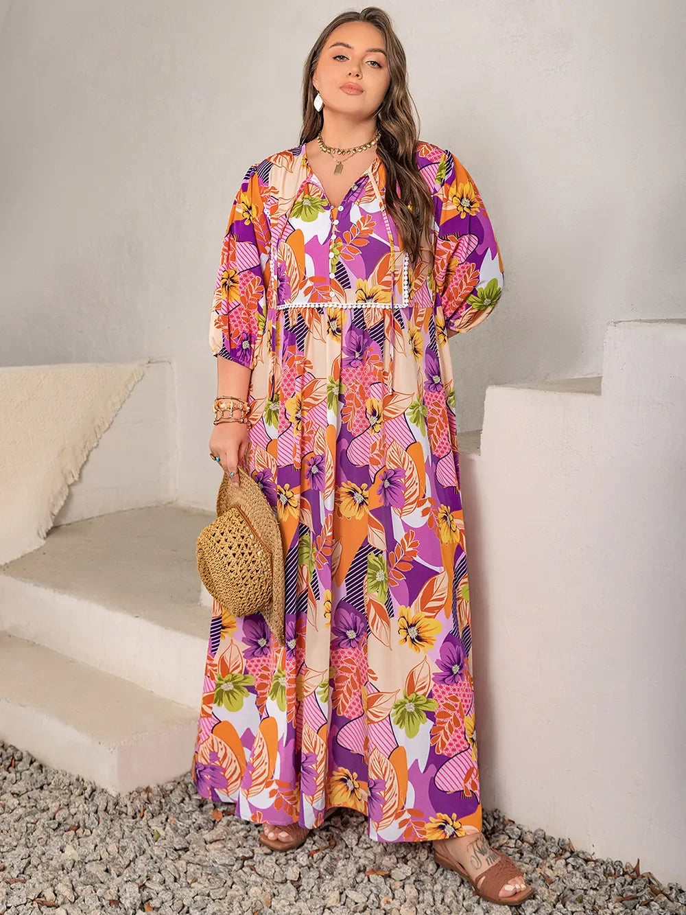 Printed Tie Neck Maxi Dress With Button Front Slit Allover Floral - Southern Shores Clothing