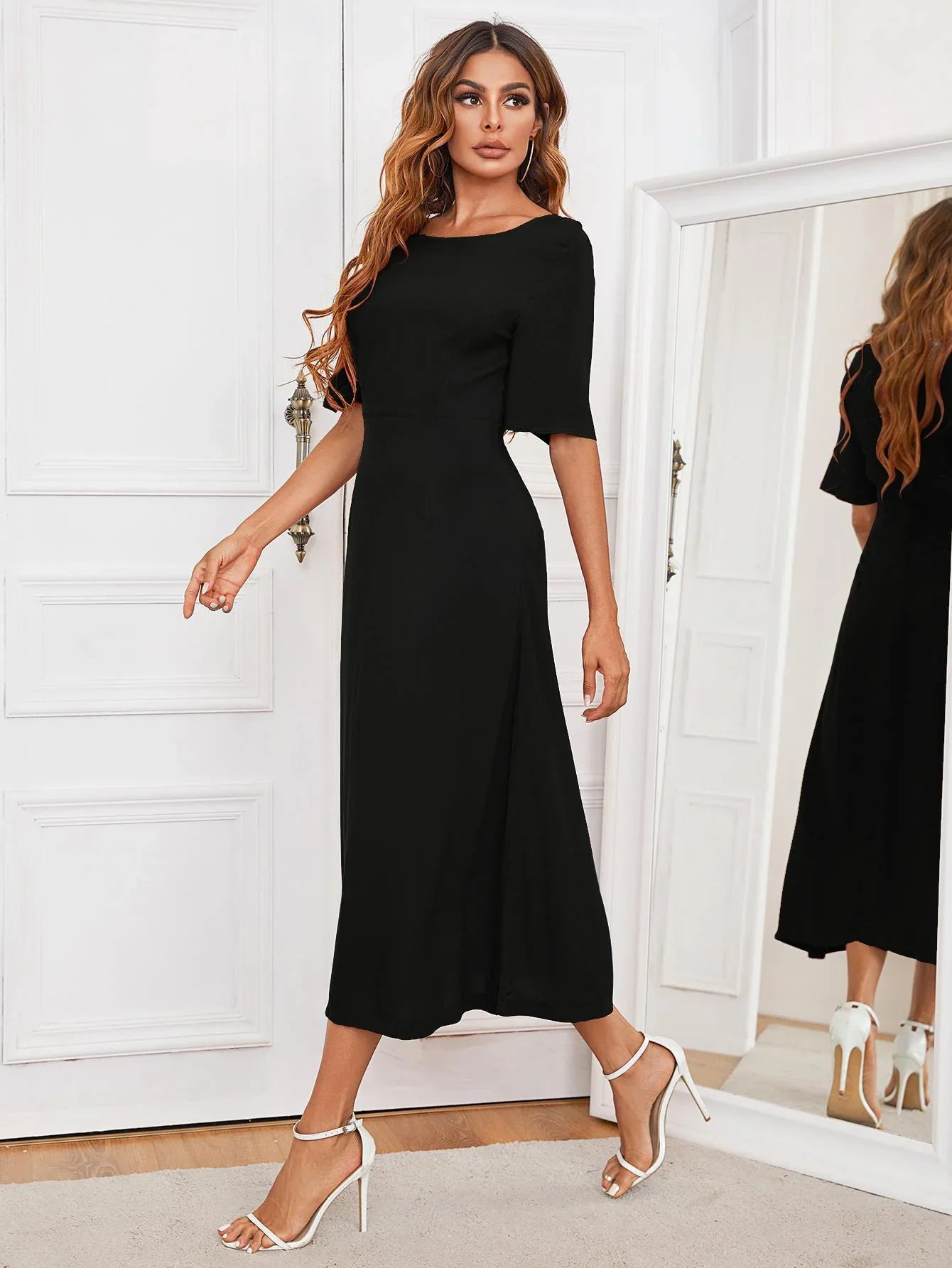 Round Neck Cutout Half Sleeve Midi Dress - Southern Shores Clothing