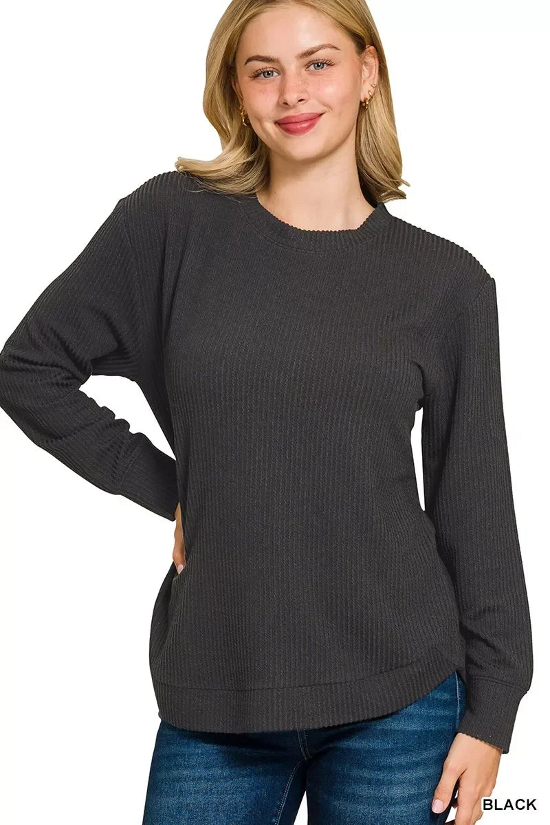 Plus Size Raised Rib Round Neck Long Sleeve Top - Southern Shores Clothing