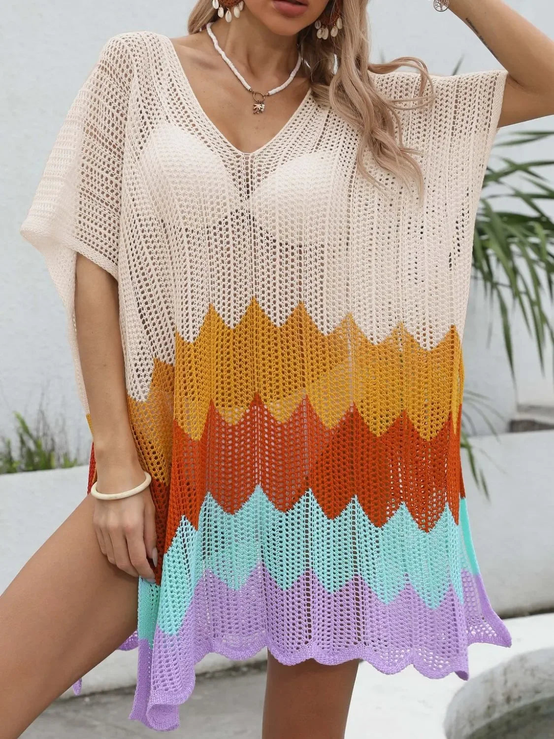 Openwork V-Neck Half Sleeve Cover-Up One Size - Southern Shores Clothing