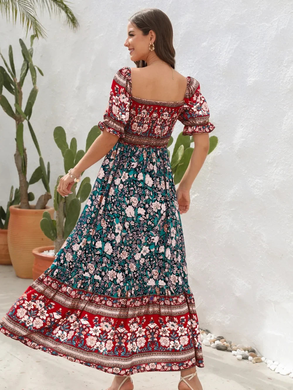 Floral Flounce Sleeve Midi Dress Rayon Off Shoulder Boho - Southern Shores Clothing