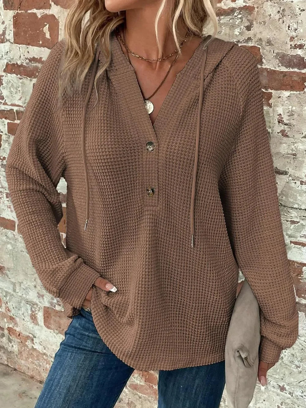 Waffle Knit Long Sleeve Drawstring Hooded Top - Southern Shores Clothing