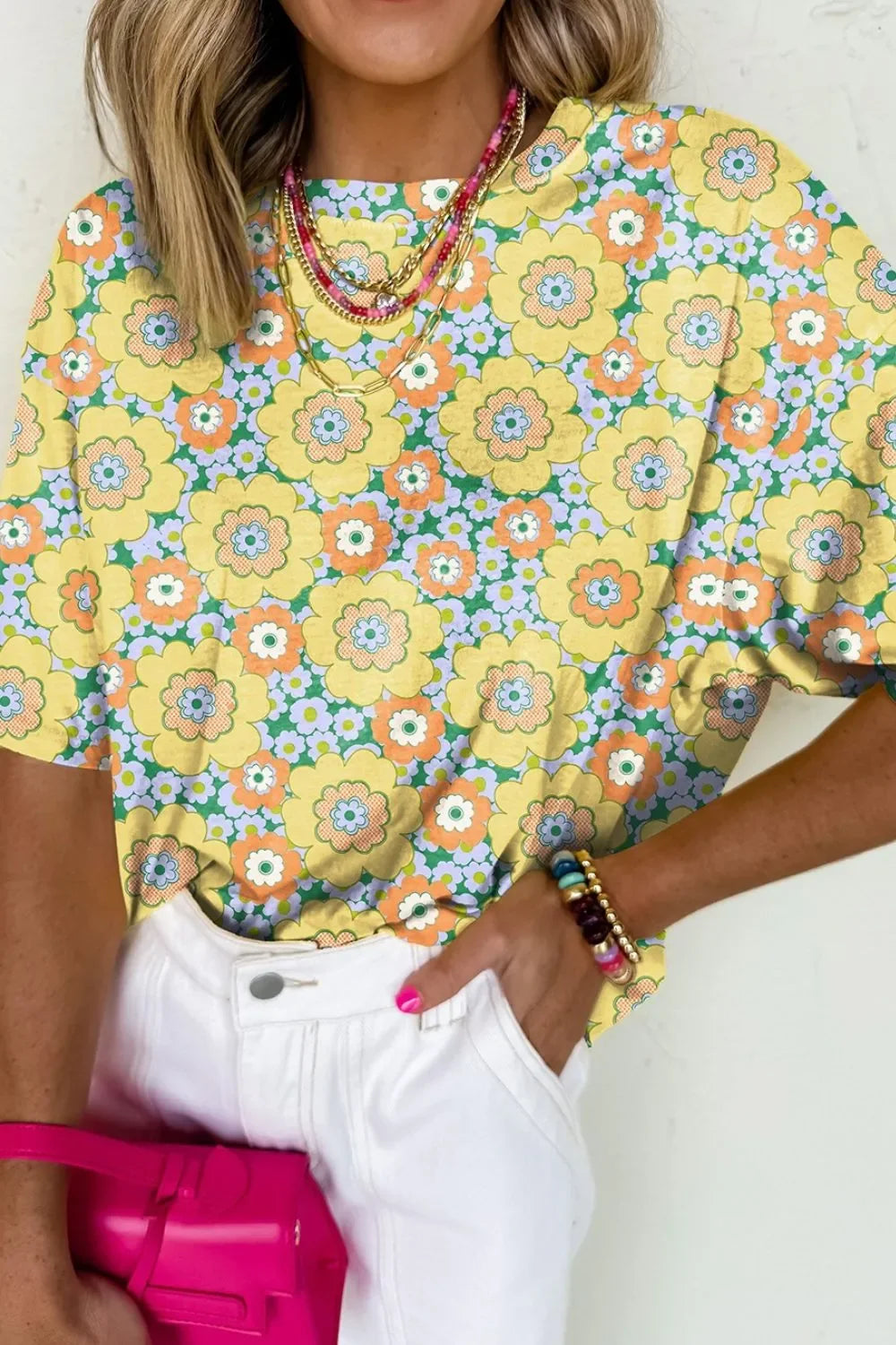 Floral Print Round Neck Oversized T Shirt - Southern Shores Clothing