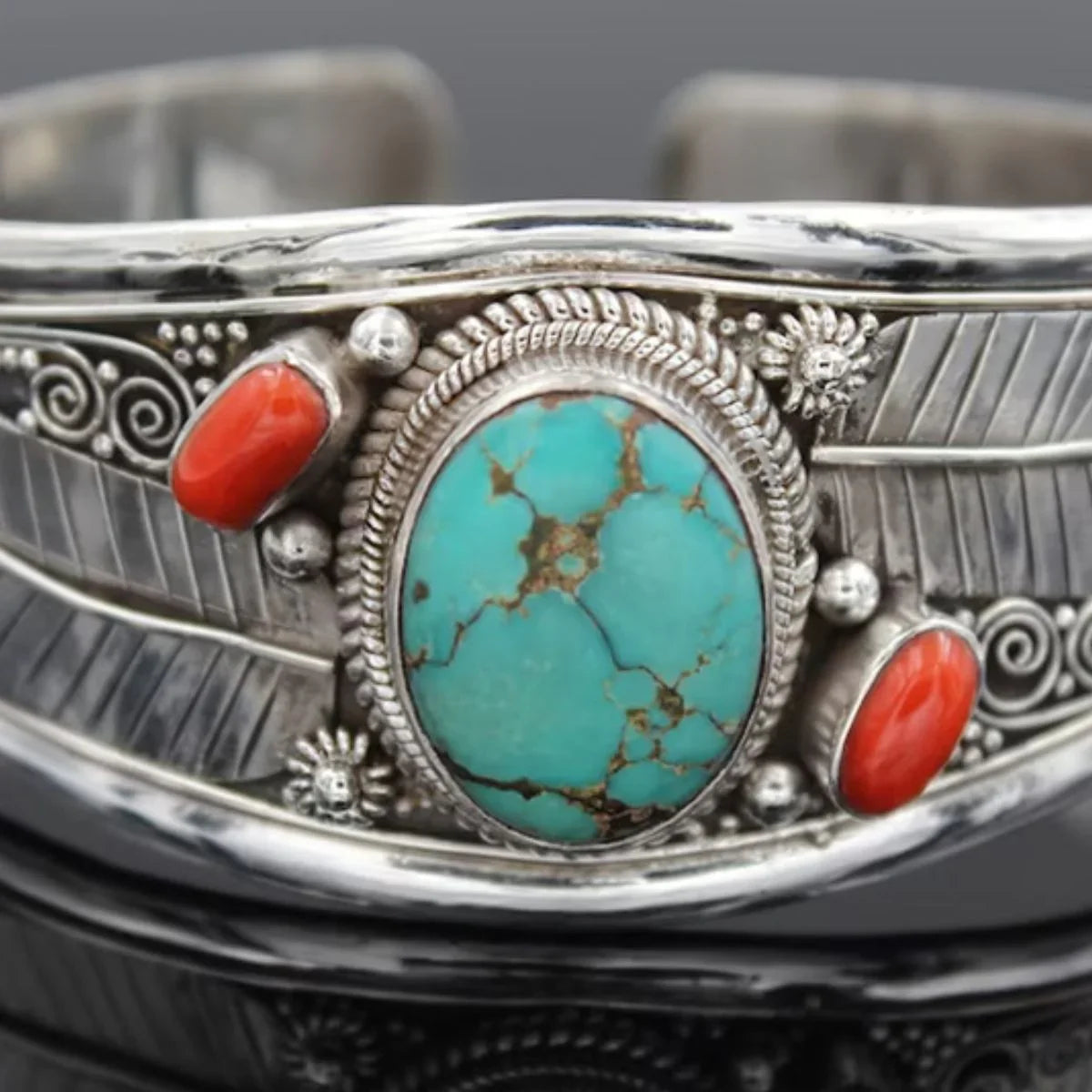 Alloy Open Bracelet Turquoise Cabochon Coral Accents - Southern Shores Clothing