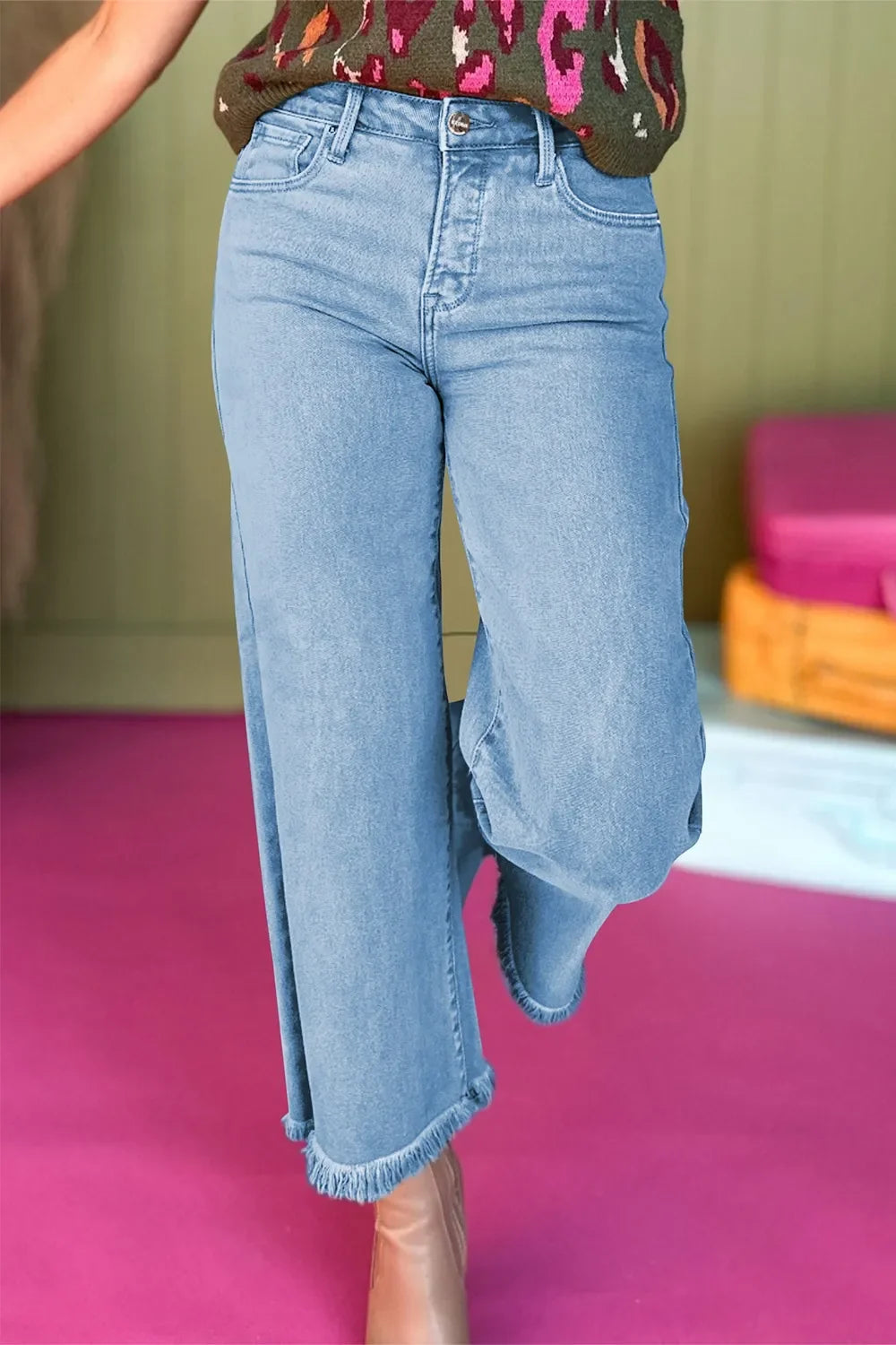 Coastal High-Waisted Wide-Leg Jeans Frayed Hem - Southern Shores Clothing