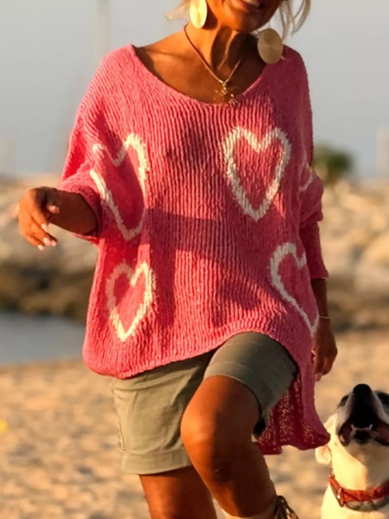 Heart V-Neck Dropped Shoulder Sweater | Southern Shores Clothing - Southern Shores Clothing
