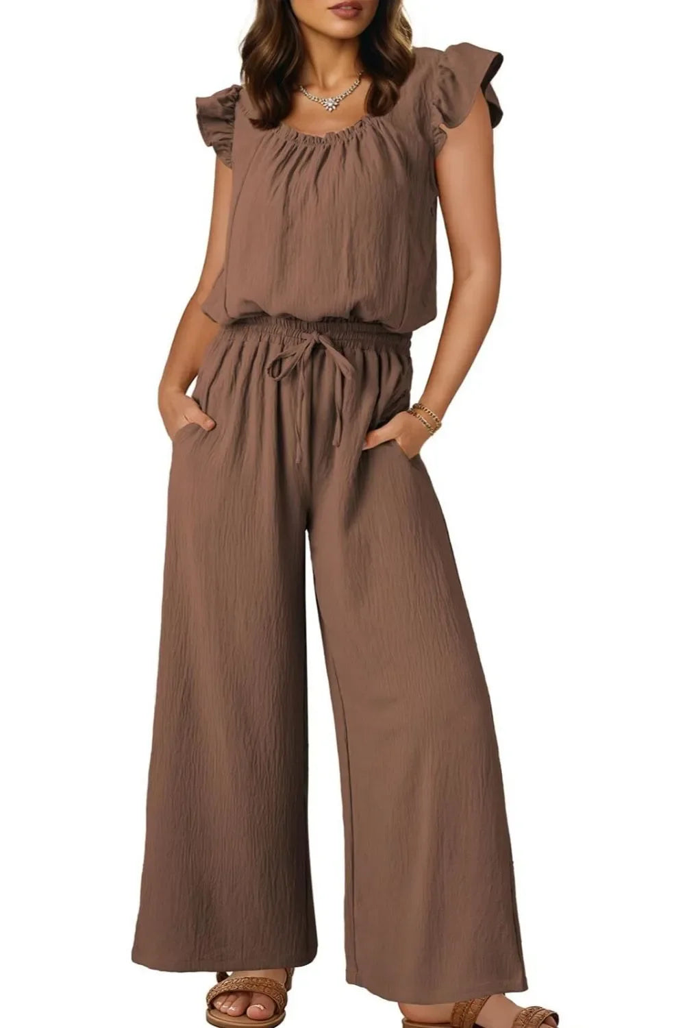 Ruffled Cap Sleeve Wide Leg Jumpsuit With Pockets - Southern Shores Clothing