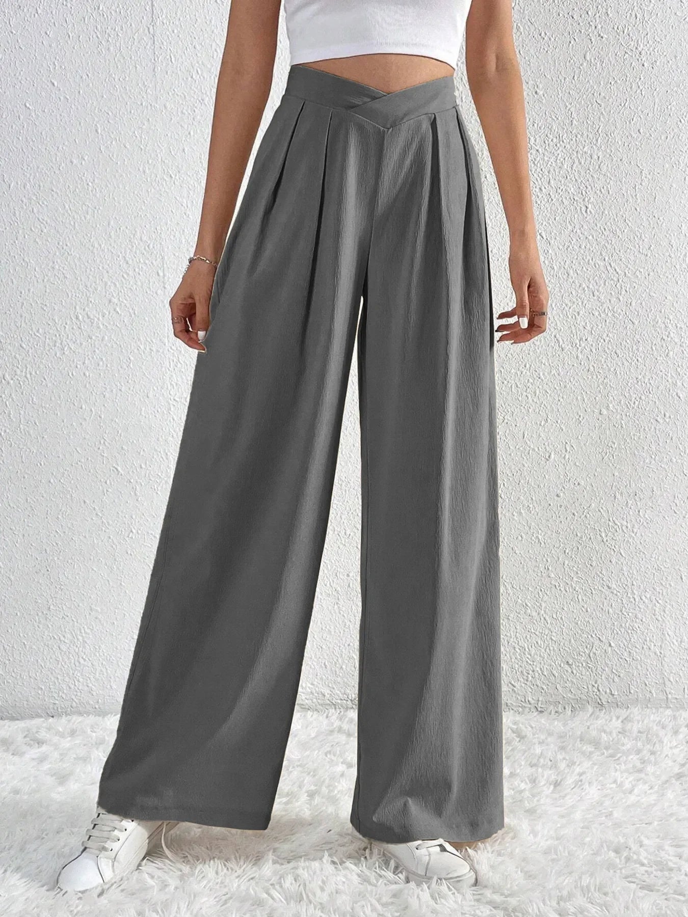 V-Waisted Ruched Front Flowing Wide Leg Pants Casual Wear - Southern Shores Clothing