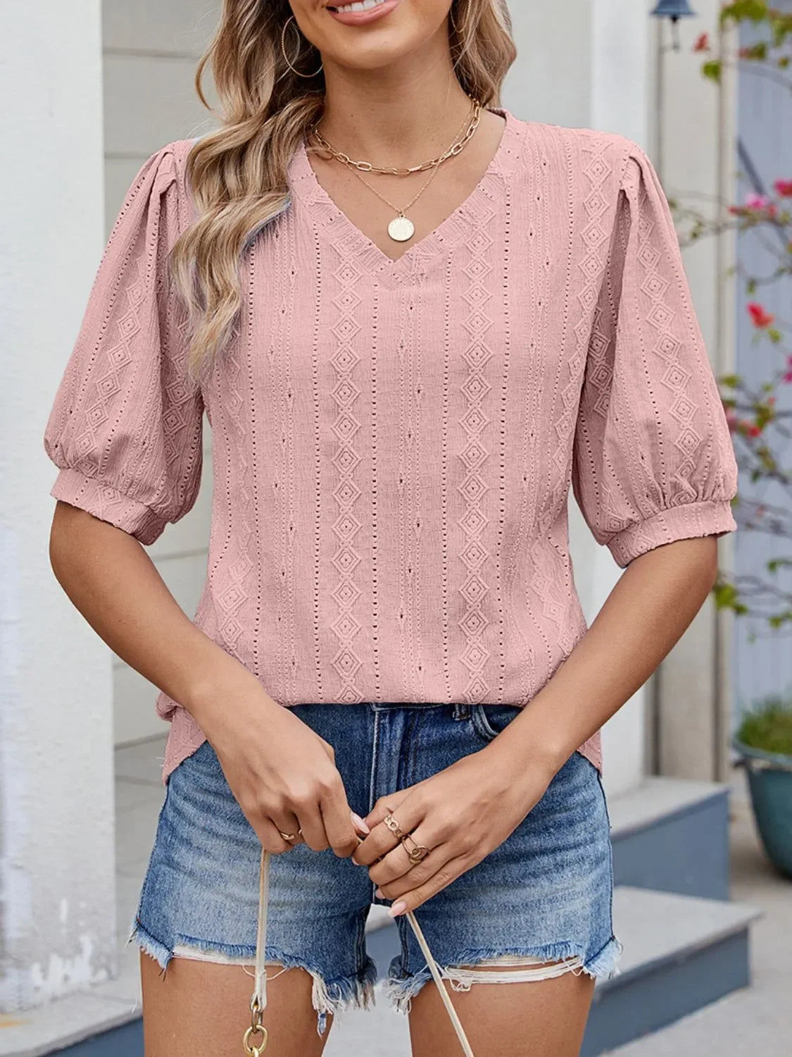 Puff Sleeve V-Neck Eyelet Lace Stretch T Shirt - Southern Shores Clothing