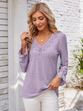 Applique V-Neck Flounce Sleeve Polyester T-Shirt - Southern Shores Clothing
