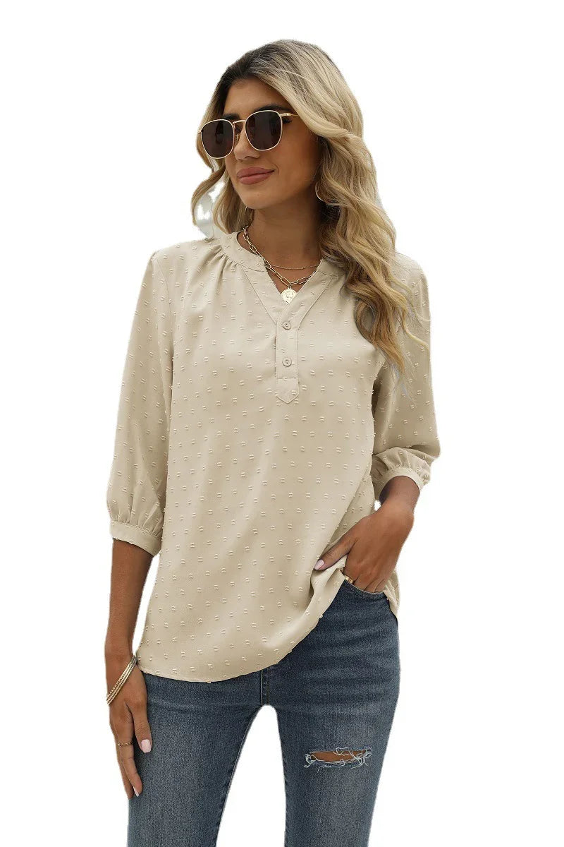 Swiss Dot Notched Neck Three-Quarter Sleeve Blouse - Southern Shores Clothing