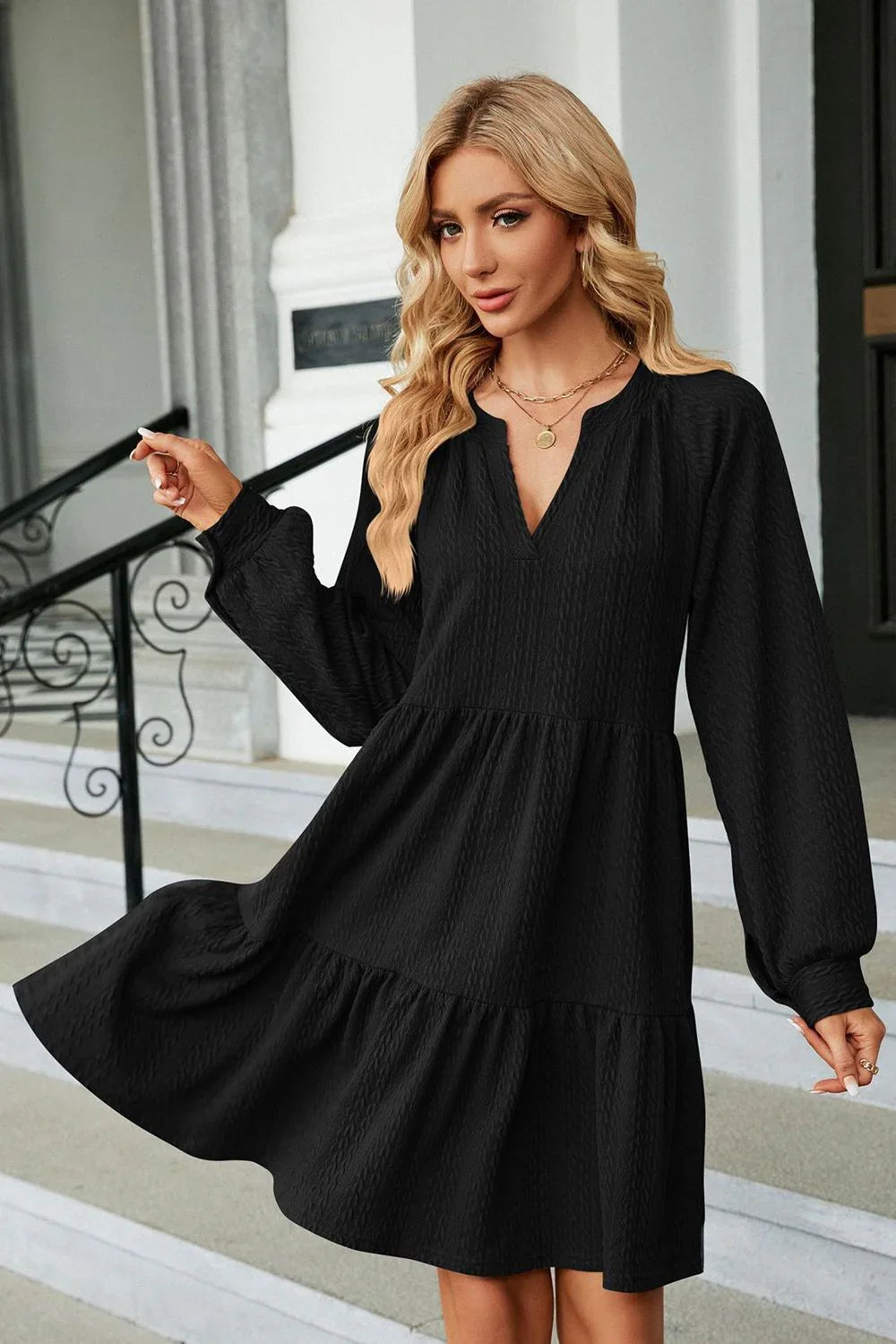 Notched Neck Long Sleeve Mini Dress - Southern Shores Clothing
