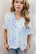 Leopard Print V Neck Short Sleeve Blouse Polyester - Southern Shores Clothing