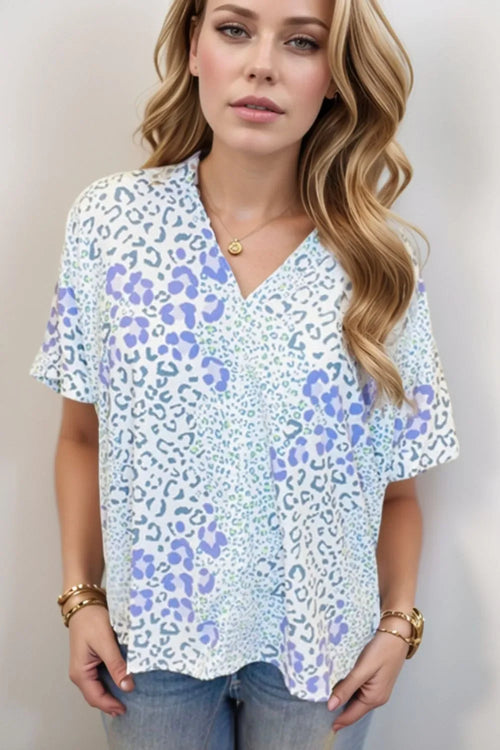 Leopard Print V Neck Short Sleeve Blouse Polyester - Southern Shores Clothing