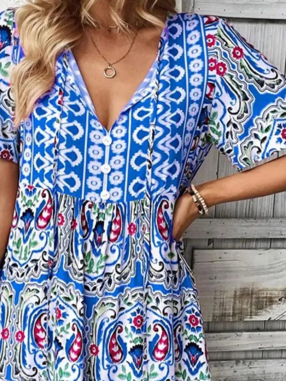 Printed Tie Neck Short Sleeve Dress With Paisley Print Pattern - Southern Shores Clothing