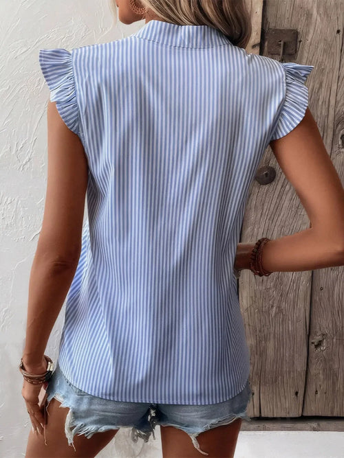 Striped Notched Cap Sleeve Blouse Polyester Top - Southern Shores Clothing