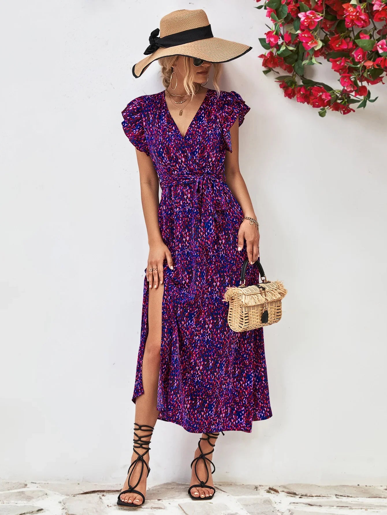 Printed Surplice Neck Flutter Sleeve Slit Dress - Southern Shores Clothing