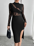 Lace Mock Neck Slit Dress Lightweight Daywear - Southern Shores Clothing