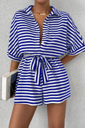 Striped Collared Neck Tie Waist Romper Relaxed Fit - Southern Shores Clothing