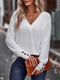 V-Neck Long Sleeve Tee With Decorative Buttons - Southern Shores Clothing