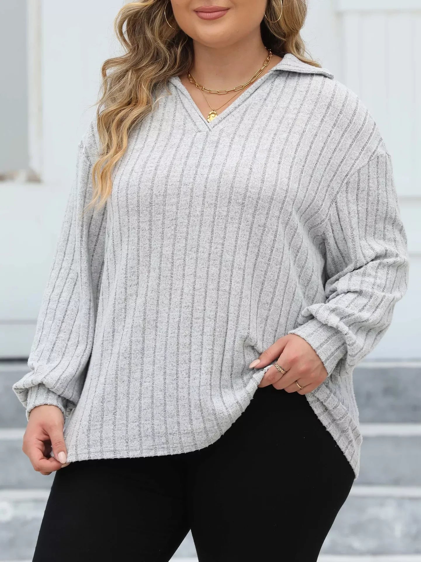 Plus Size Ribbed Knit Polo Collar T Shirt - Southern Shores Clothing