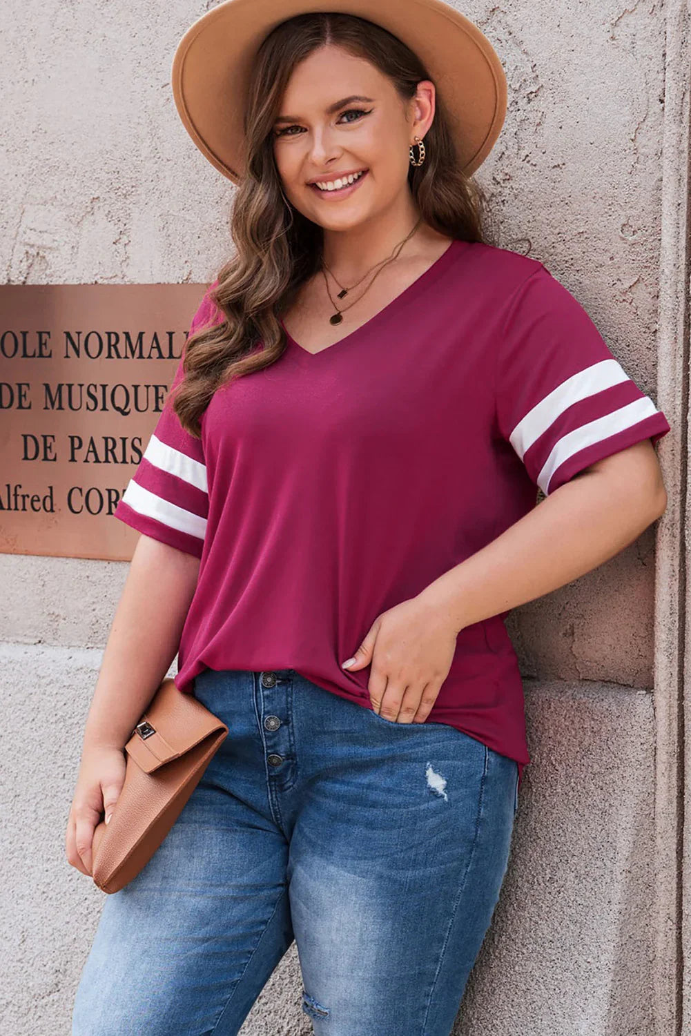 Plus Size Striped V-Neck Short Sleeve T-Shirt - Southern Shores Clothing