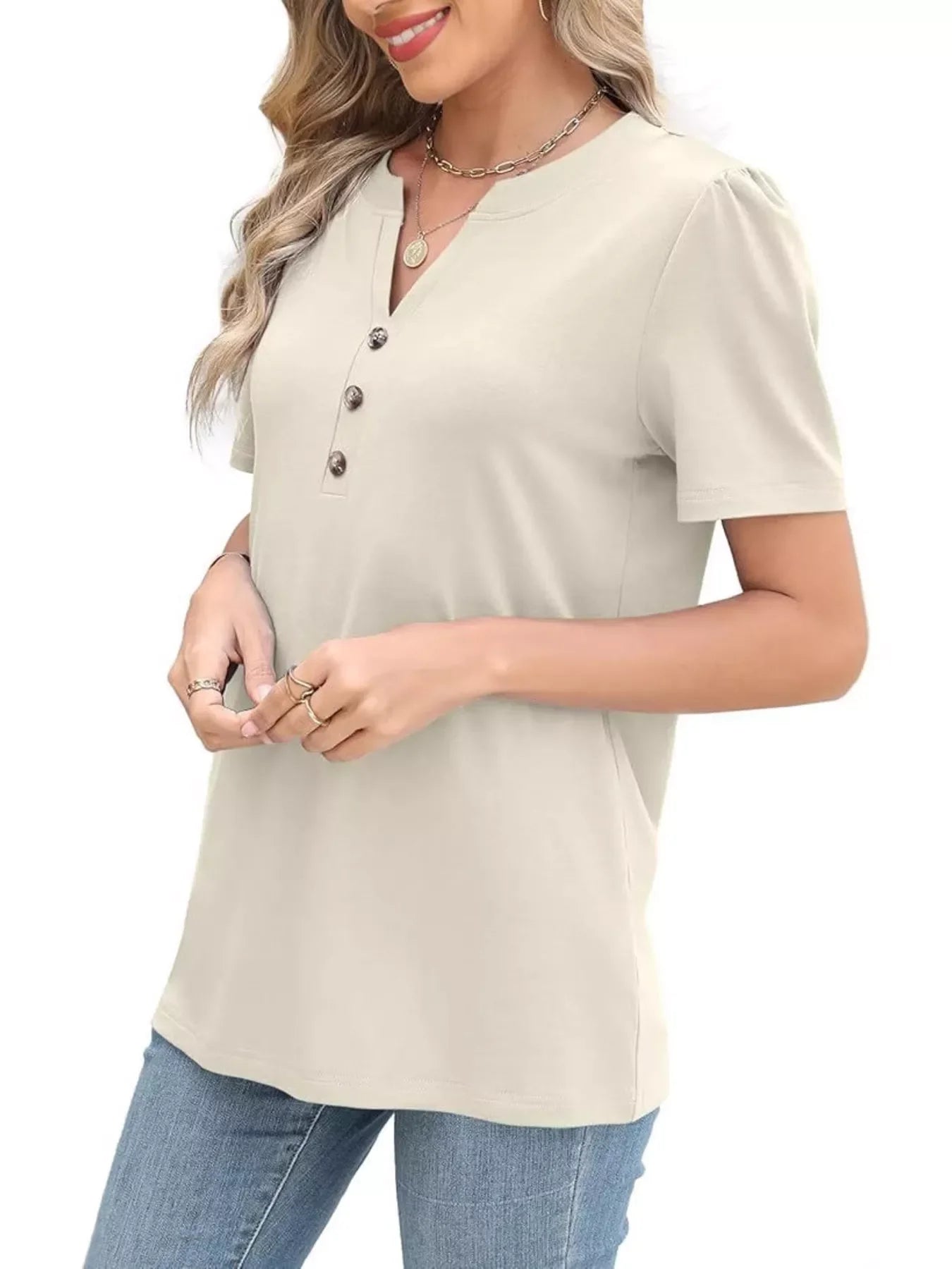 Notched Short Sleeve Blouse Plus Size - Southern Shores Clothing