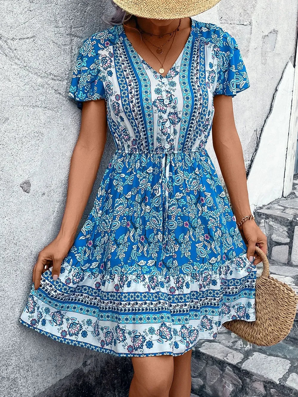 Floral Print V Neck Flutter Sleeve Mini Dress With Elastic Waist - Southern Shores Clothing