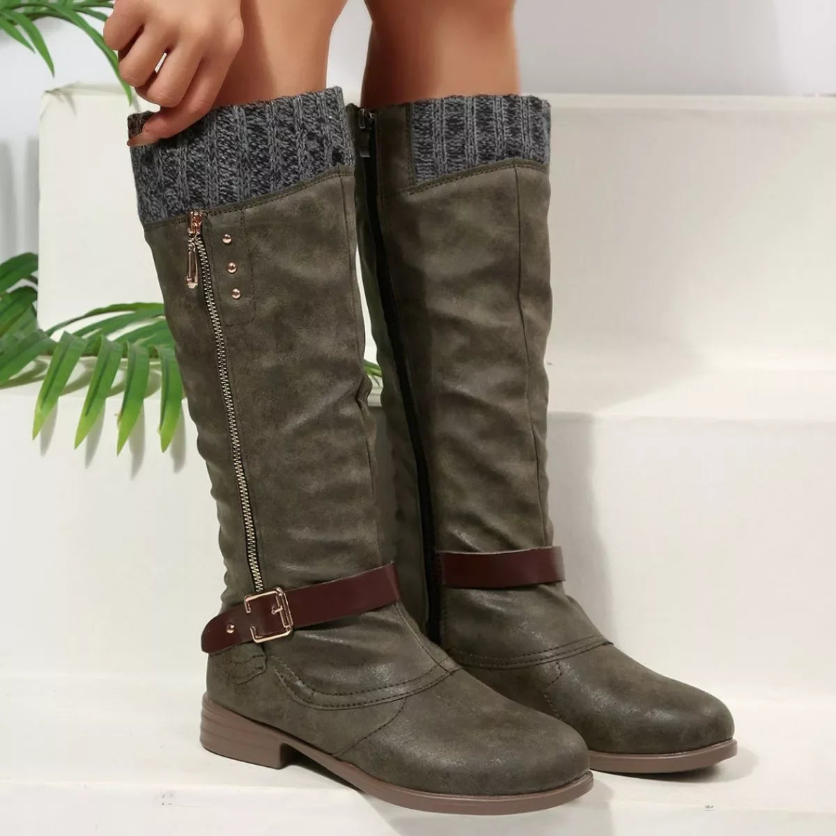 Round Toe Block Heel Boots Suede Rubber Casual