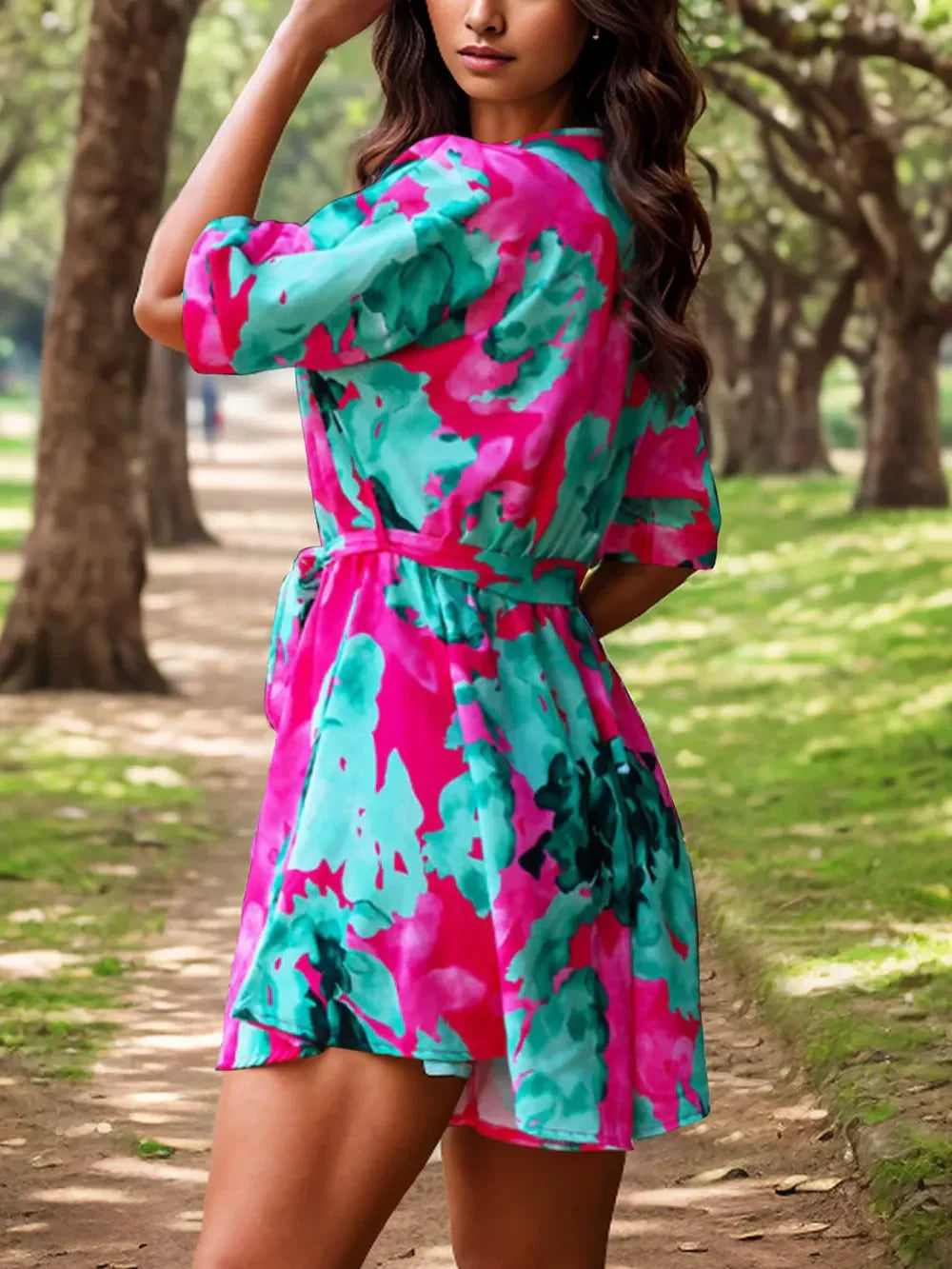 Printed Surplice Half Sleeve Romper With Tie - Southern Shores Clothing