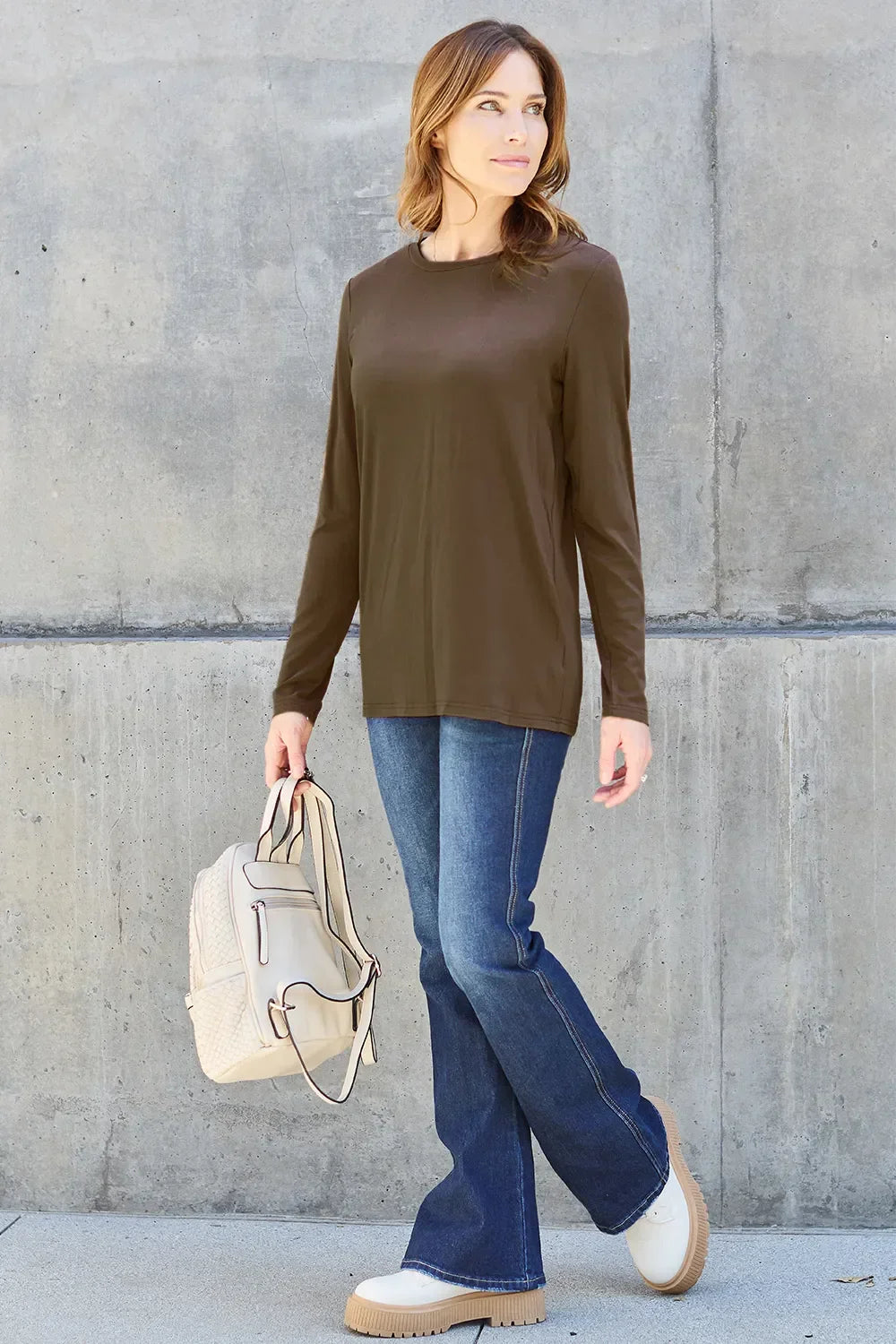 Basic Round Neck Long Sleeve Knit Top Silhouette - Southern Shores Clothing