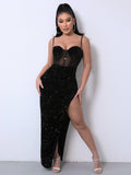 Sequin Spliced Mesh Adjustable Strap Dress - Southern Shores Clothing