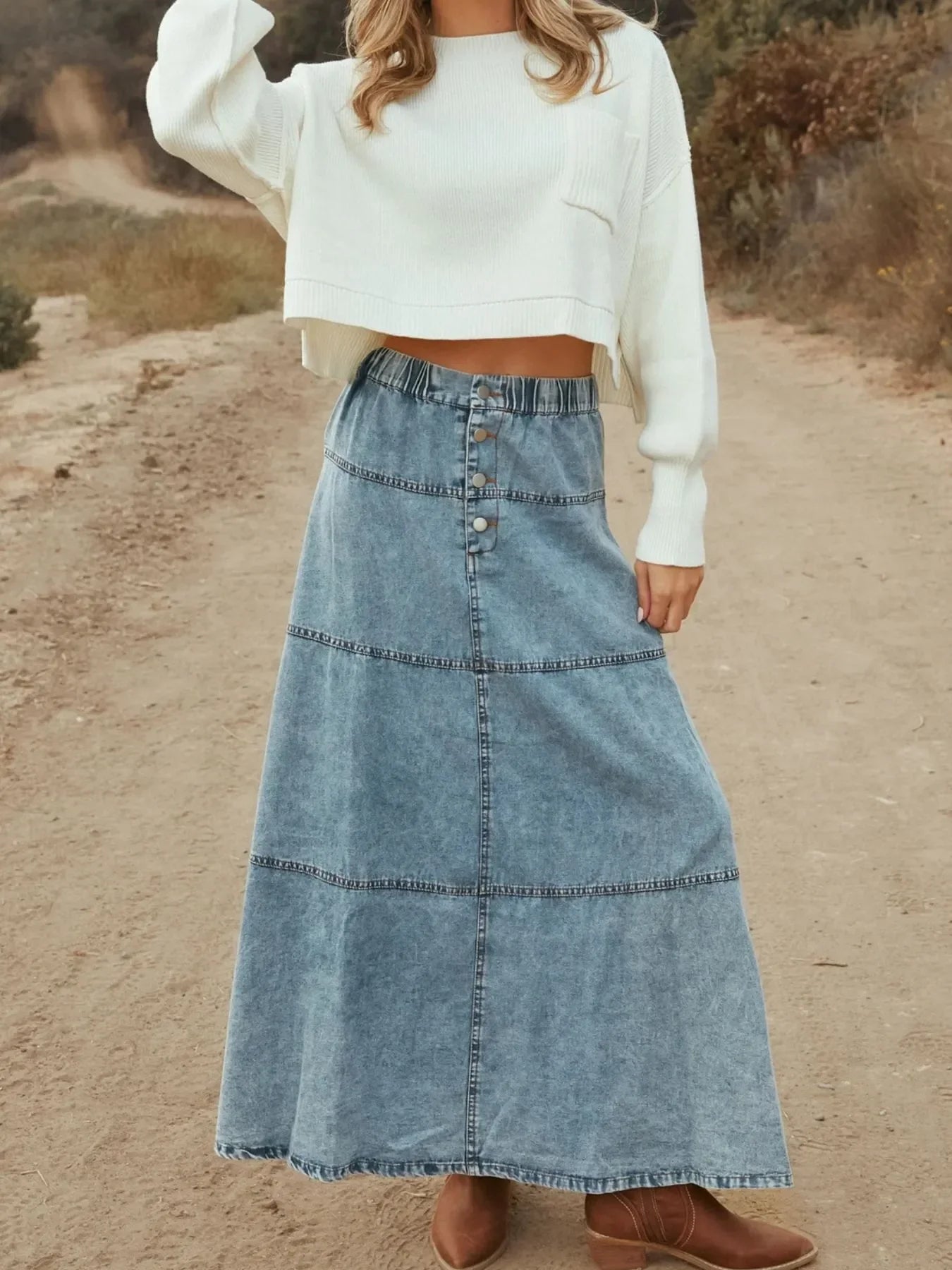 Button Front Tiered Maxi Denim Skirt Flowing - Southern Shores Clothing