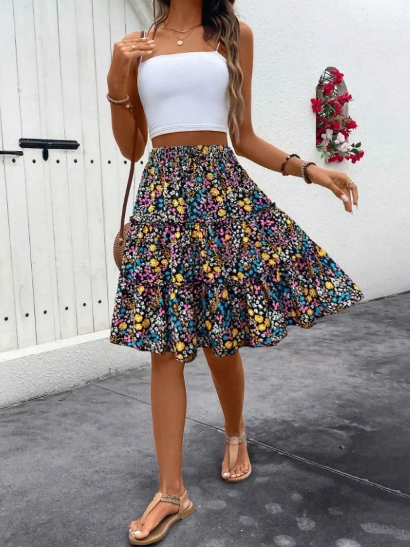 Floral Print Midi Skirt Lightweight Fabric - Southern Shores Clothing