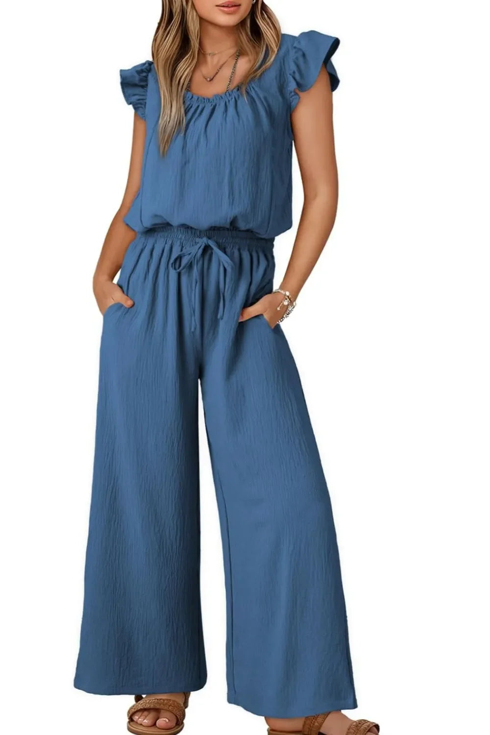 Ruffled Cap Sleeve Wide Leg Jumpsuit With Pockets - Southern Shores Clothing