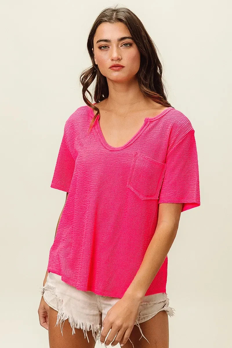 Waved Rib V Neck Top With Front Pocket Relaxed Fit - Southern Shores Clothing
