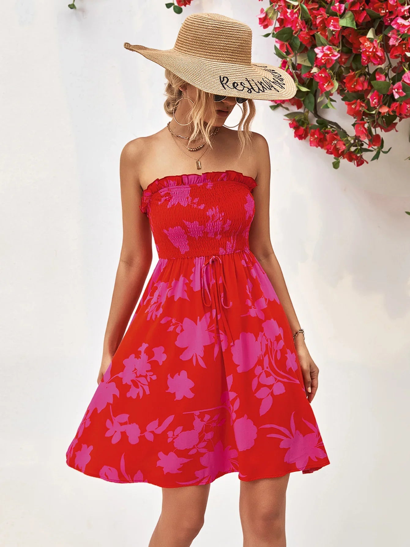 Floral Frill Trim Strapless Smocked Dress - Southern Shores Clothing