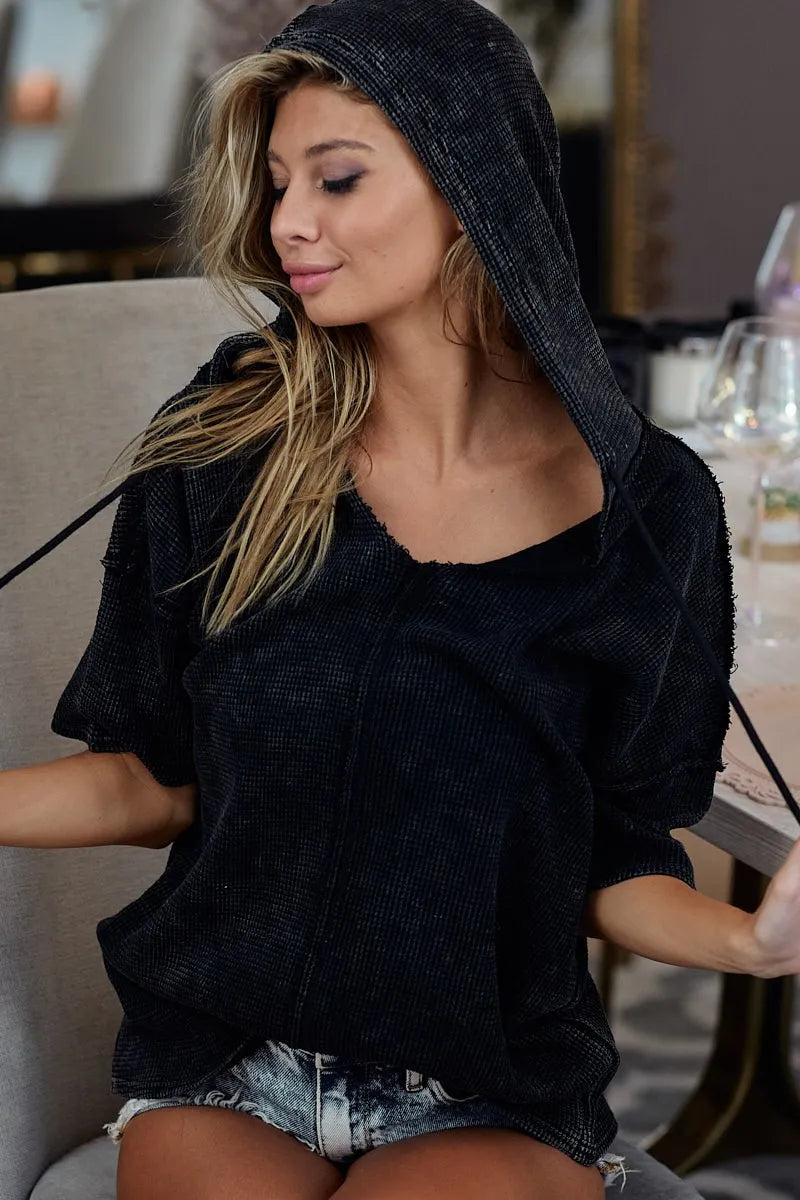 BiBi Mineral Washed Short Sleeve Hoodie Top