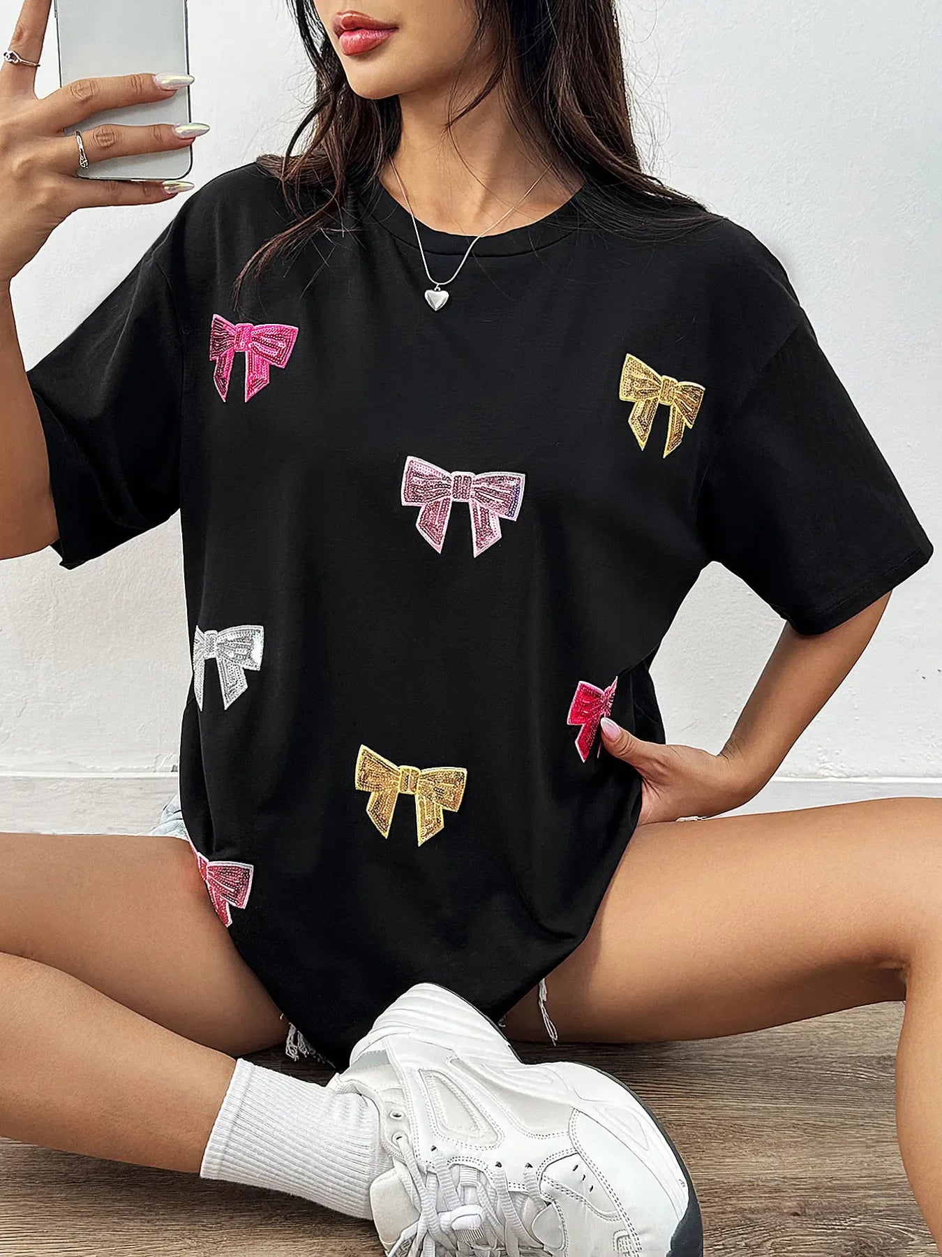 Sequin Bow Round Neck Short Sleeve Oversized Tee - Southern Shores Clothing