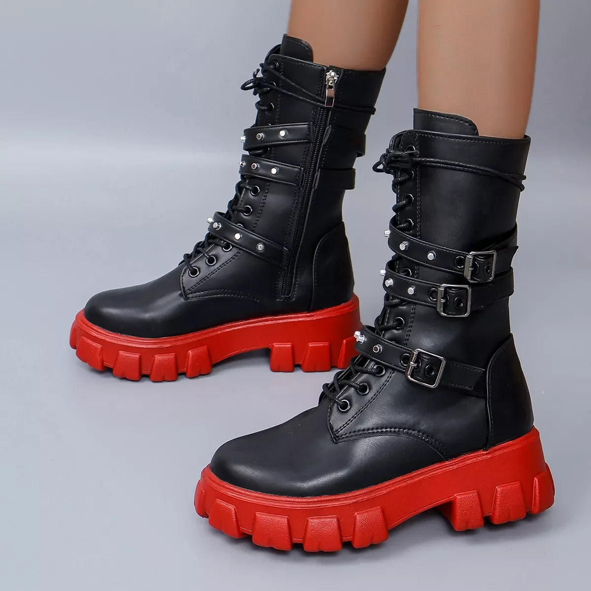 Buckled Lace-Up Mid Heel Combat Boots Ankle-Height - Southern Shores Clothing