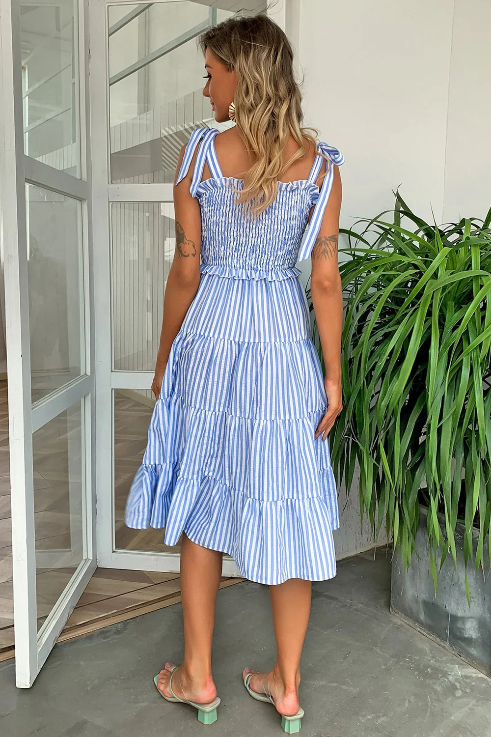 Striped Tie-Shoulder Tiered Dress With Smocked Bodice - Southern Shores Clothing