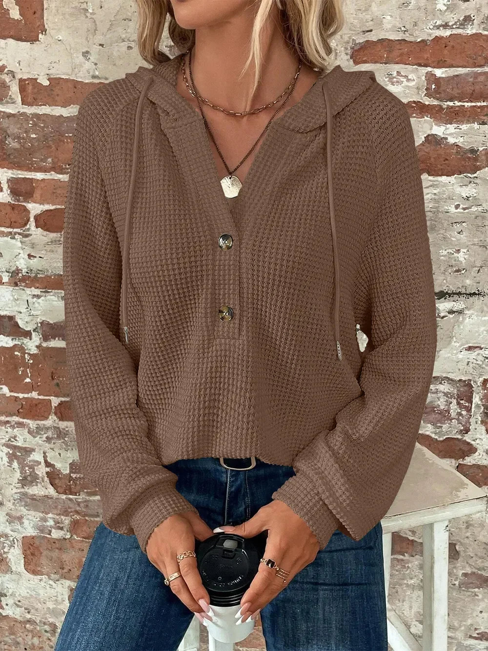Waffle Knit Long Sleeve Drawstring Hooded Top - Southern Shores Clothing