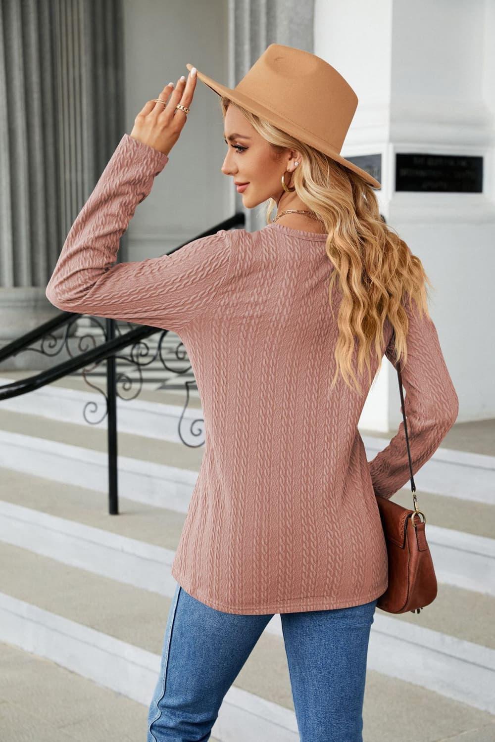 Casual Cable Knit Long Sleeve V-Neck T Shirt - Southern Shores Clothing