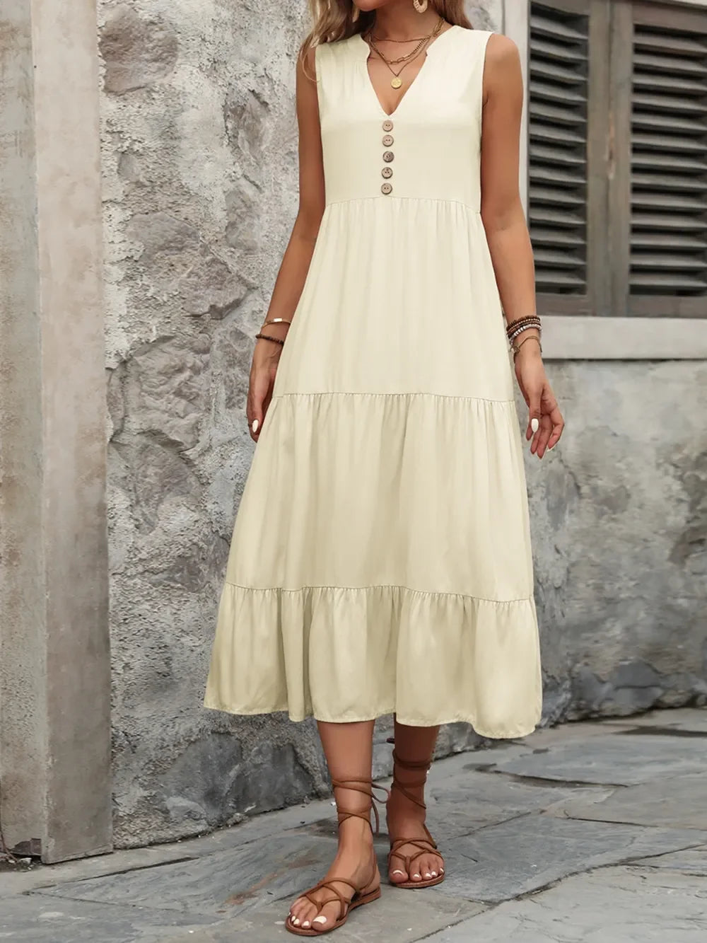 Notched Sleeveless Maxi Dress With Buttons - Southern Shores Clothing