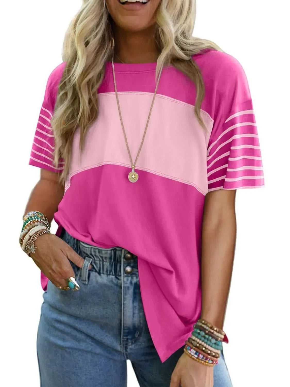 Block Striped Sleeve T Shirt With Lightweight Fabric - Southern Shores Clothing