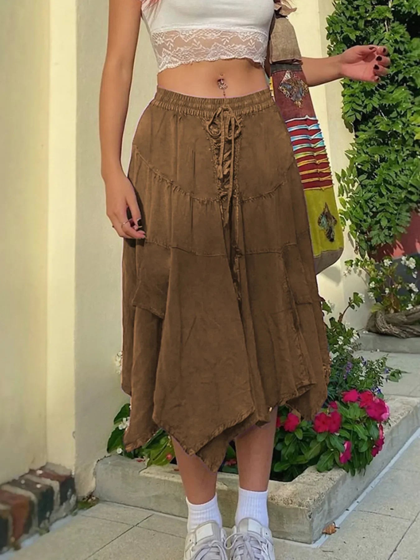 Asymmetrical Hem Midi Skirt With Drawstring Waist - Southern Shores Clothing