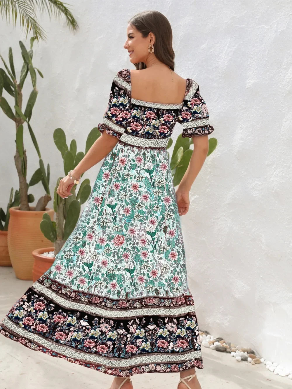 Floral Flounce Sleeve Midi Dress Rayon Off Shoulder Boho - Southern Shores Clothing