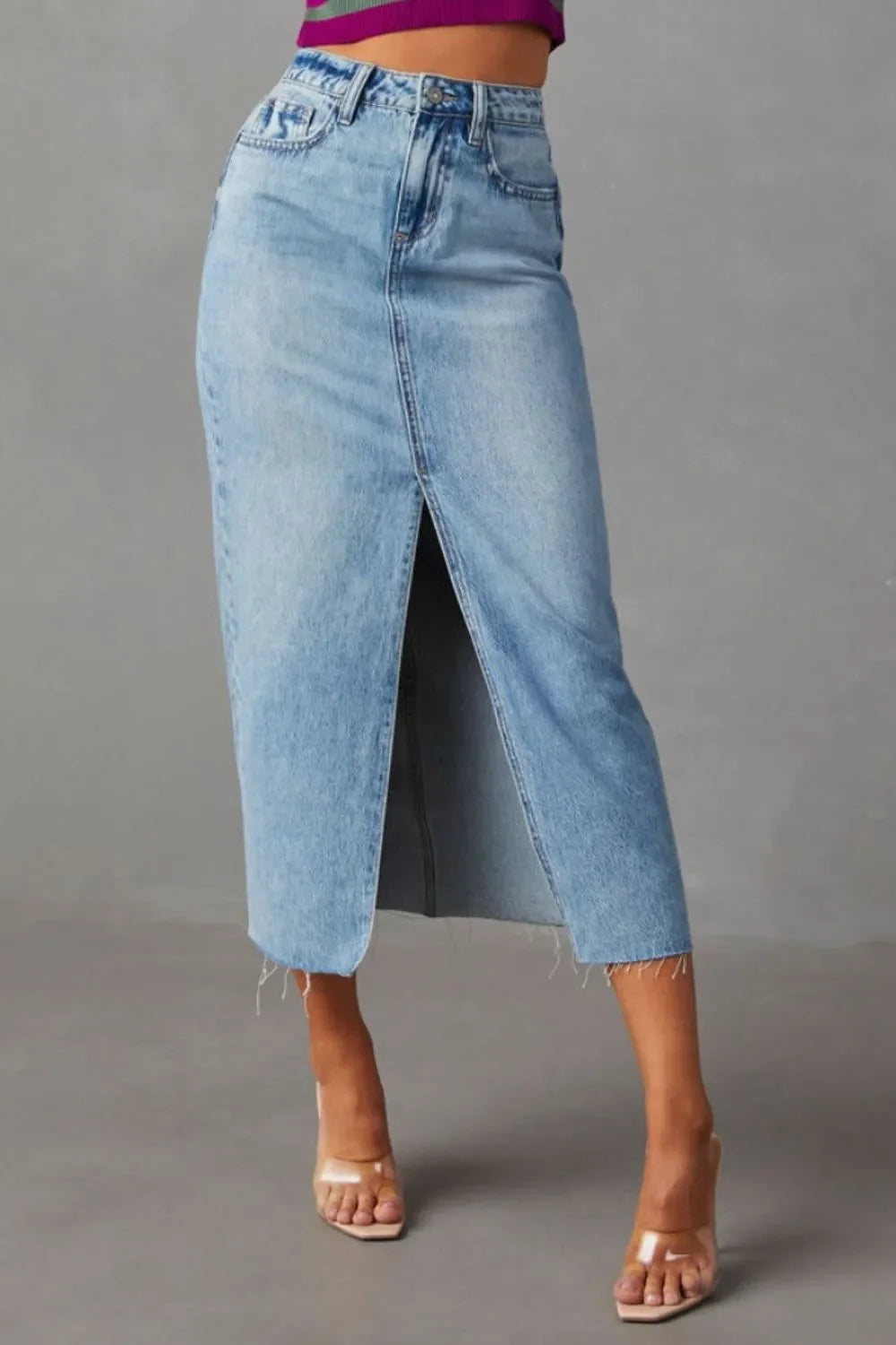 Slit Raw Hem Midi Denim Skirt With Pockets - Southern Shores Clothing